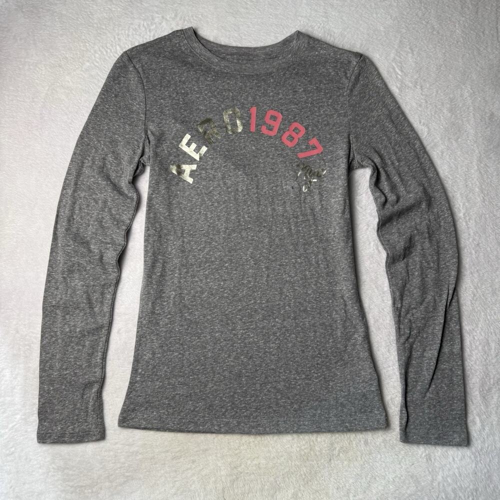 Aeropostale Y2K 2000s Long Sleeve Tee Logo Gray Pink Slim Fit Small NWT
